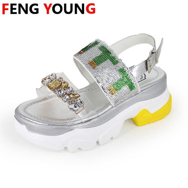

summer women 2020 sandals crystal colorful sequined cloth ladies sandals chunky heels open toe heels platform, Black
