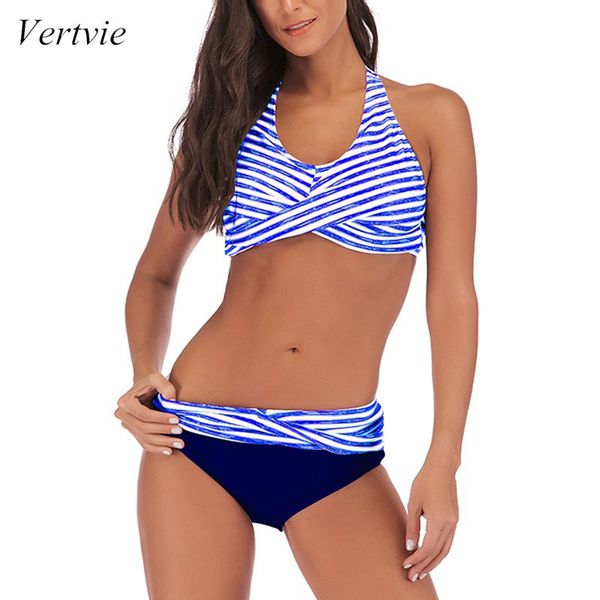 

bikinis set vertvie 2021 summer women's fashion beach two pieces swimwear striped bathing suit halter plus size triangle sexy