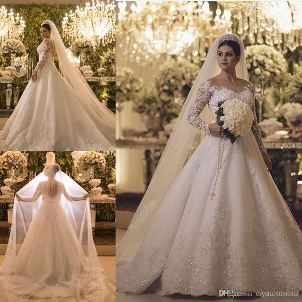 

2020 arabic new long sleeves a line wedding dresses jewel neck lace appliques crystal beaded sheer back chapel train plus size bridal gowns, White