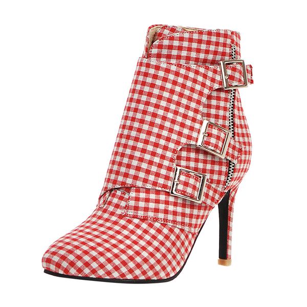 

jaycosin women boots fashion pointed toe stiletto ankle bare cloth booties white red plaid buckle side zip boots casual shoes, Black