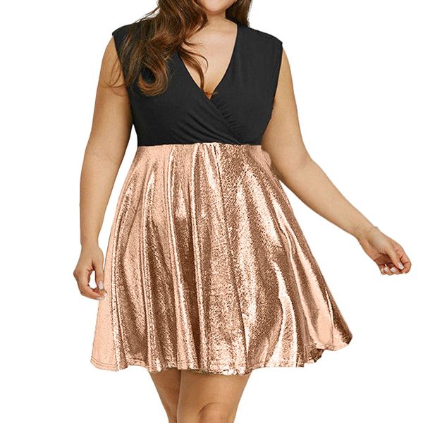 

2019 summer dress fashion women plus size sleeveless v-neck sequin party swing dress robe femme ete female vestidos verano, Black;gray