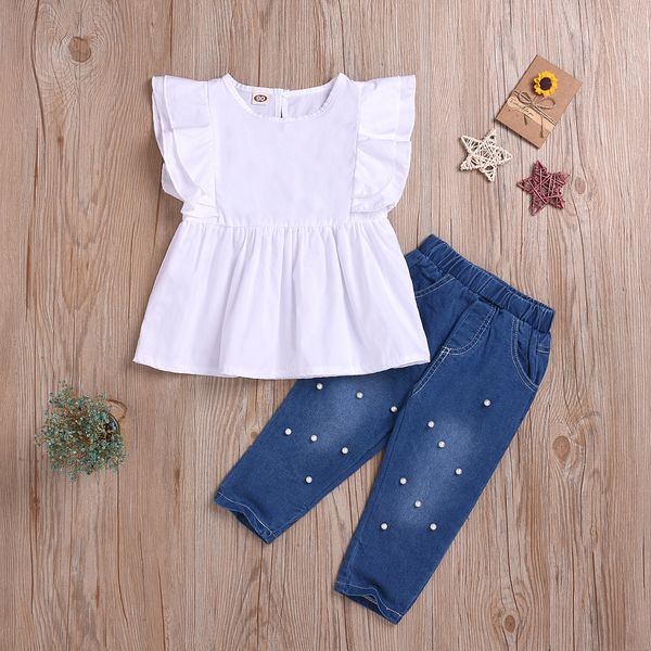 

retail two sets new summer children's clothing tide girls suit flying sleeve t-shirt + pearl jea, White