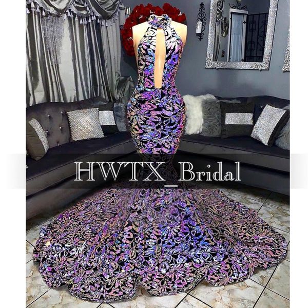 

sparkly mermaid evening dress 2020 keyhole neck backless colorful blue purple sequin long arabic dubai formal evening gowns, White;black