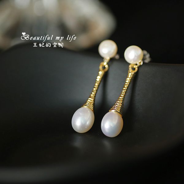 

100% natural fresh water pearl handmade drop earring for women earrings luxury jewelry orecchini donna, Golden;silver