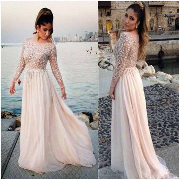 

luxury beading ruched pearls a-line prom dresses illusion scoop neck long sleeve floor length evening gown vestidos de gala, White;black