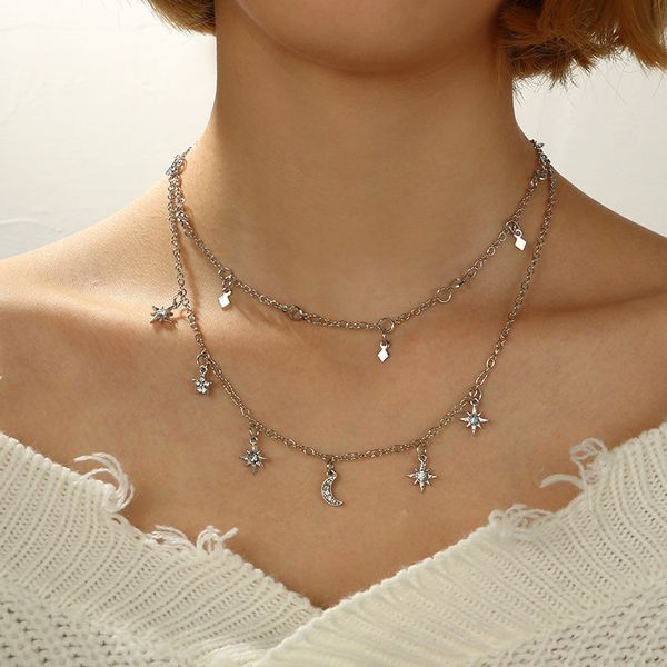 

fashion 2pcs/lot star moon necklace female new penta star rhinestone necklace charm choker collar bijoux jewelry gift, Silver