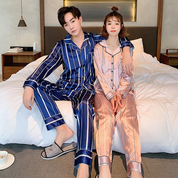 

2019 spring couples faux slik satin pajamas sets for women & men long sleeve 2 pcs pyjama suit female & male sleepwear home wear, Blue;gray
