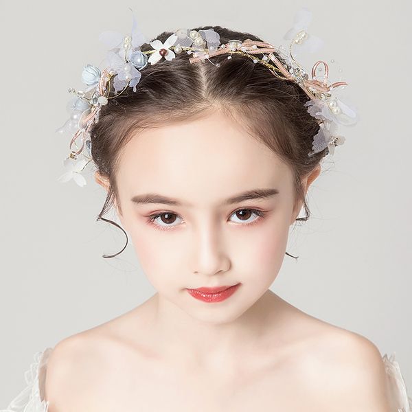 

flower fairy headband butterfly bridal headdress handmade craft pearl hair accessories kids cloth hairband women garland, Slivery;white