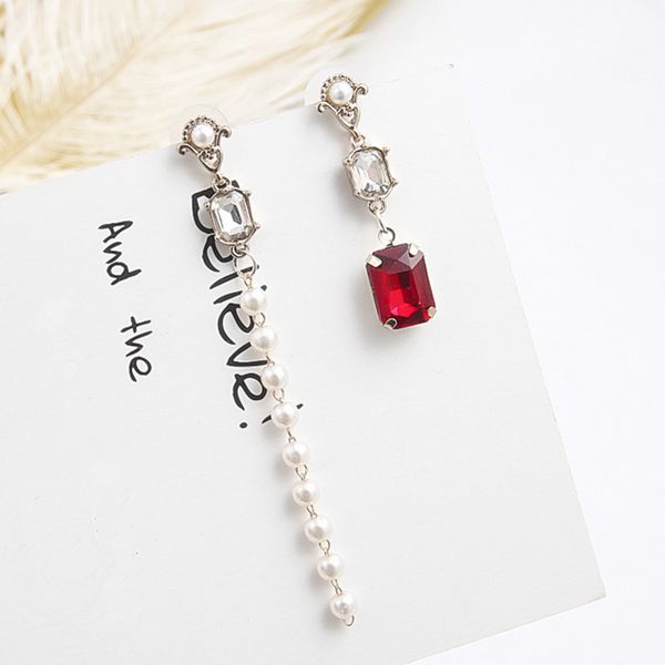 

new fashion korean earring jewelry asymmetry long pearl tassel luxury rhinestone drop dangle earrings for women girls 5c3033, Silver