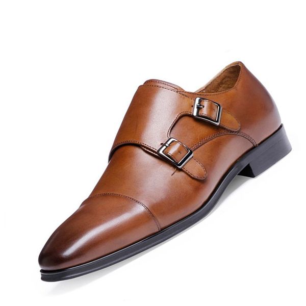 

luxury genuine leather men oxford shoes pointed toe men dress shoes with double buckle male wedding shoes, Black