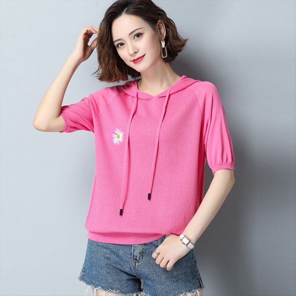 

hooded t-shirt women's ins super fire 2020 loose daisy short-sleeved ice silk hooded t-shirt women's ins super fire sweater 2020 l, White