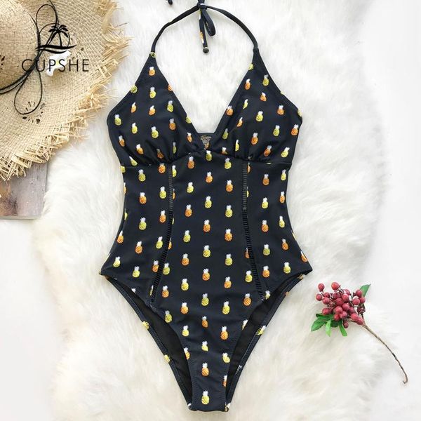 

cupshe ананас печати холтер цельный купальник женщины темно-желтый задний крюк монокини 2019 девушка сексуальный пляж купальники, White;black