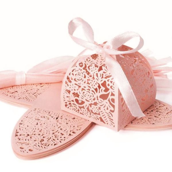 

50 pcs party wedding favor candy box with ribbon laser cut hollowing rose flower chocolate gift boxes bonbonniere for birthday b