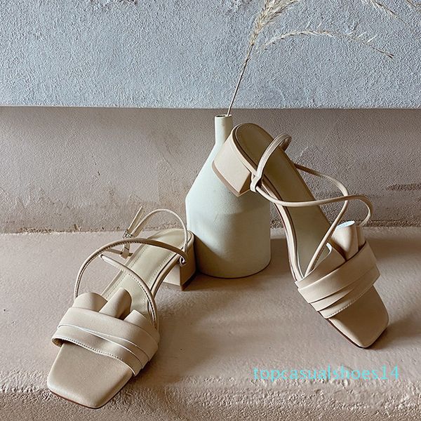 

2020 designer style women sheepskin genuine leather chunky heels sandals summer party front toe ruffles strap candy color shoes t14, Black