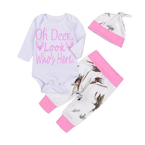 

Pudcoco 3Pcs Long Sleeve Newborn Infant Baby Girls Deer Romper Tops Long Pants Leggings Hat Outfits Clothes