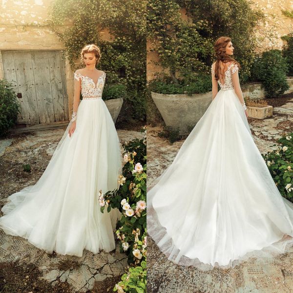 

two piece a line wedding dresses sheer neck long illusion sleeve lace applique see through back bridal gowns sweep train wedding dress, White