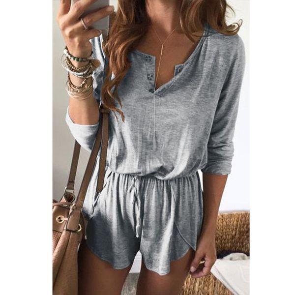 

solid color women playsuit for summer v neck button long sleeve bandage shorts casual rompers monos cortos de mujer ez*, Black;white