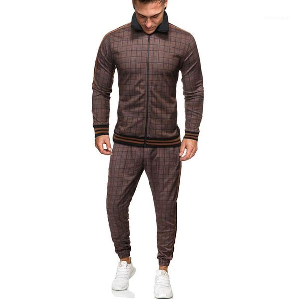 

autumn clothing sporting two pieces suit stand collar sweatshirt +pant men tracksuit plaid sportswear mens set print spring, Gray