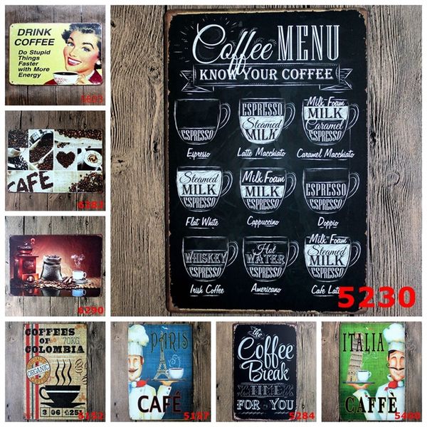 38 Styles Retro Coffee Targa in metallo Vintage Metal Psoters Decorazione da parete in ferro dipinto per cucina Coffee Bar Cafe