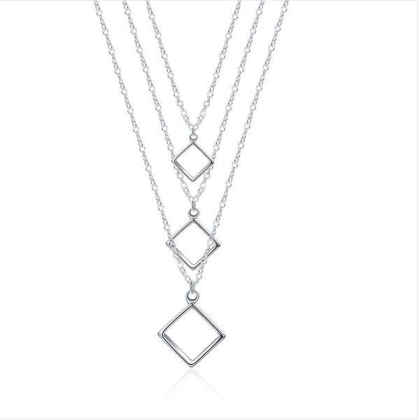 Halskette aus vergoldetem Sterlingsilber, 45,7 cm, Halskette mit drei Linien und drei Quadraten, DHSN136. Heißer Schmuck aus 925er Silber, Tennis, abgestuft