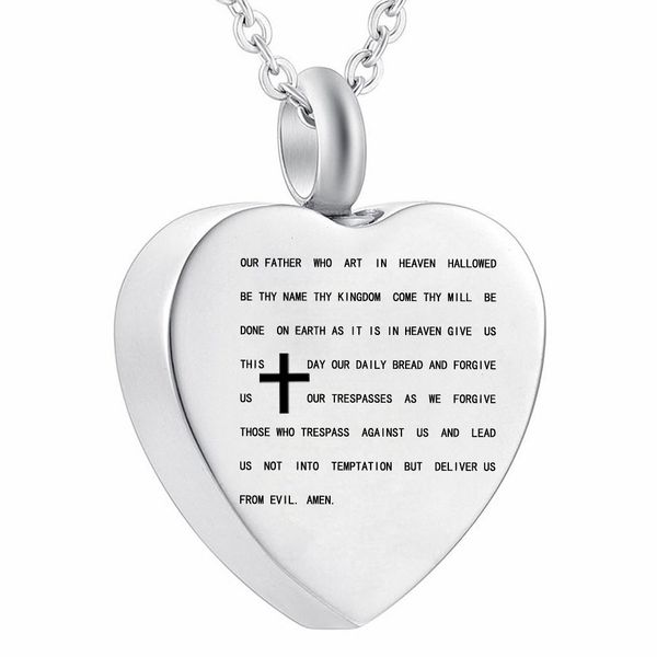 

stainless steel bible lords prayer cross urn pendant necklace silver heart cremation jewelry with fill kit