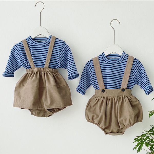 

202 новая корейский стиль детские для девочек для мальчиков полосатой футболки + ромпер 2pcs / костюм девочки мальчики одежда наборы малышей, White