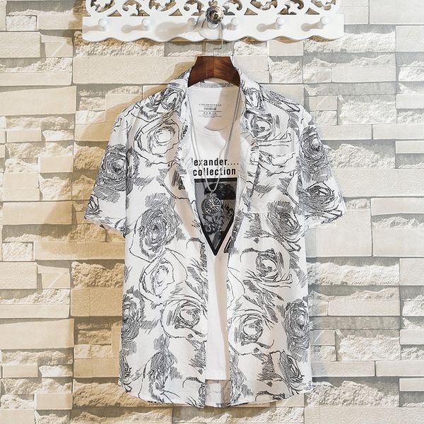 

2019 men shirt summer print beach hawaiian shirt men casual short sleeve floral male dress size 5xl, White;black