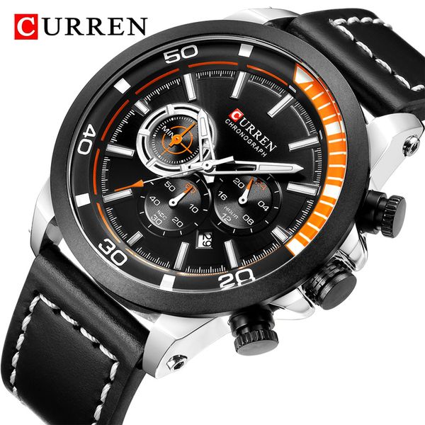 

curren watch men top chronograph mens watches with leather sport waterproof wrist watch male clock analog quartz, Slivery;brown