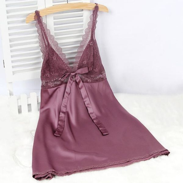 

sleepwear summer satin sleep dress v neck solid nightwear night dress female clothes for ladies home mujer vestido, Black;red