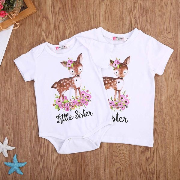 

Newborn Girl Baby Kids Little Brother Sister Matching Outfits Deer Romper Bodysuit Big Sister Top Cotton T-shirt