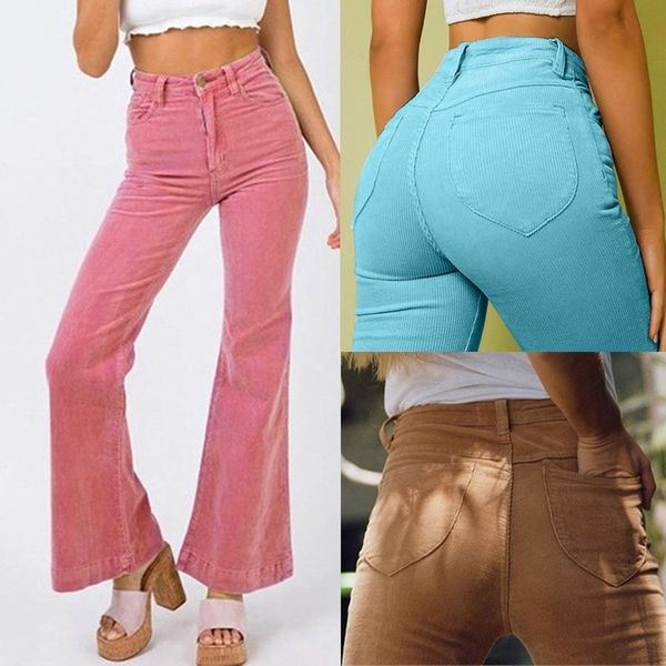 

corduroy high waist flare pants casual pink khaki blue wide leg trousers women winter pant vintage bell bottoms wholesale, Black;white