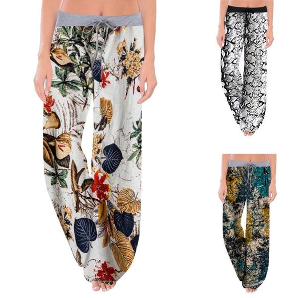 

womens casual comfy stretch print drawstring wide leg lounge long pants trousers pants for women trousers, Black;white