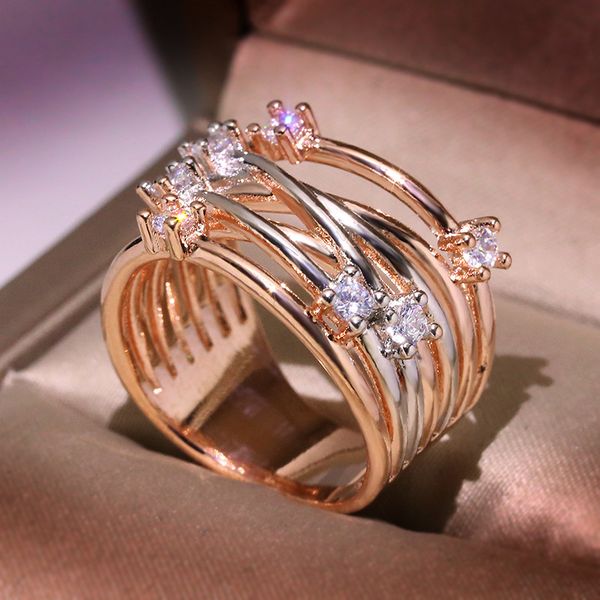 

fashion rose gold color stripe cross wedding rings for women sparkling zircon s925 engagement party jewelry bague dropshipping, Slivery;golden