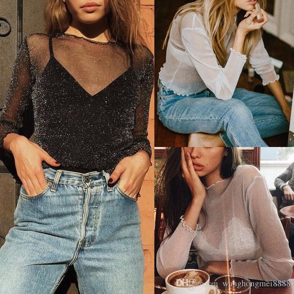 

ladies mesh party perspective bling bling clubwear long sleeve t-shirt casual fashion female t-shirt for women, White