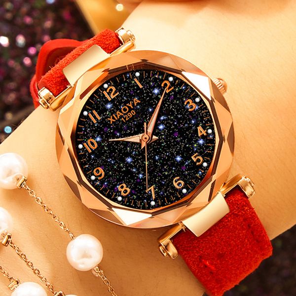 

exquisite luxury women watches fashion dress ladies watch elegant starry sky dial leather strap quartz wristwatch clock women, Slivery;brown