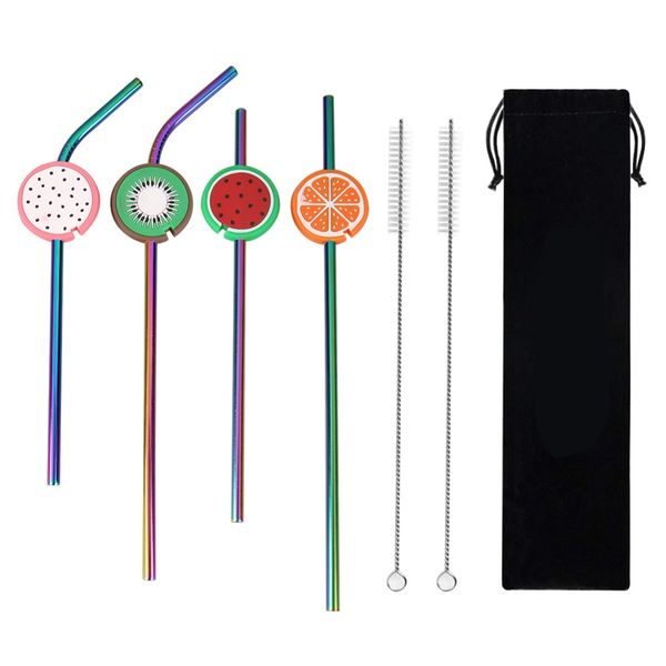 

2pcs reusable fruit design stainless steel straws with 2pcs maintainer cups mugs metal drinking straws set with cleaner brush