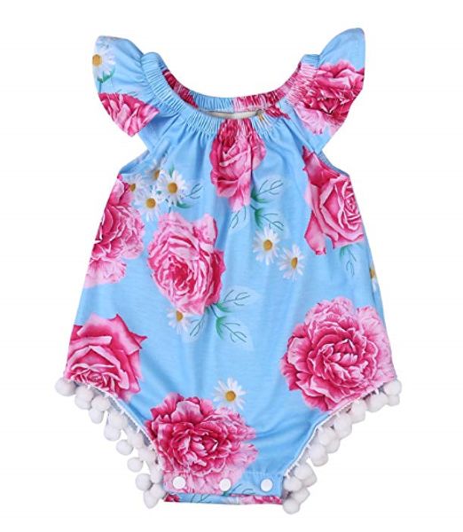 

newborn kids baby girl summer romper floral jumpsuit romper playsuit + headband outfits, Blue