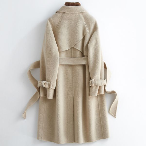 

autumn winter female 100% wool women clothes 2020 korean elegant belt alpaca coat vintage woolen jacket 05651, Black