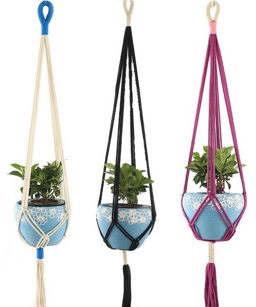 Cabides de plantas de macram de corda de juta - cesta de suspensão interna/externa para vasos de flores - decoração de casa novidade em branco/roxo/preto