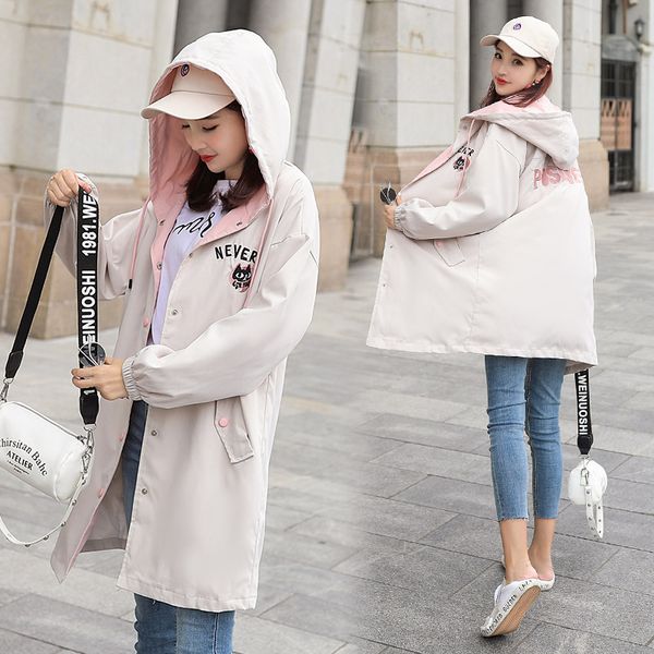

new mid-long embroidered cap baseball dress, fashionable casual trench coat,large-size women's coat in autumn 2019, Tan;black