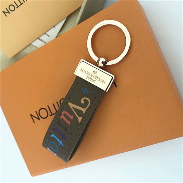 

2020 fashion keychain designer key chain real leather with stainless steel keychain keyring in golden with brown 763763, Silver