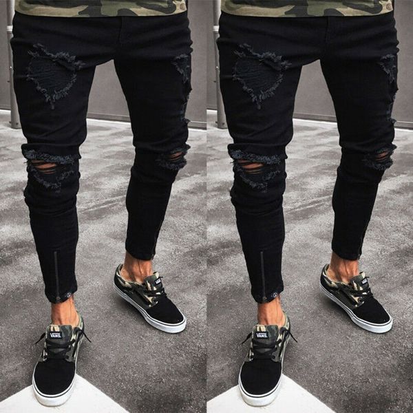 

men's jeans mens cool designer brand black skinny ripped destroyed stretch slim fit hip hop pants with holes, Blue