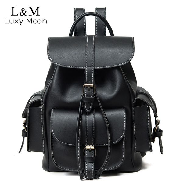 

vintage drawstring backpack women pu leather backpacks sac a dos black 2019 shoulder bag female school bags xa1179h