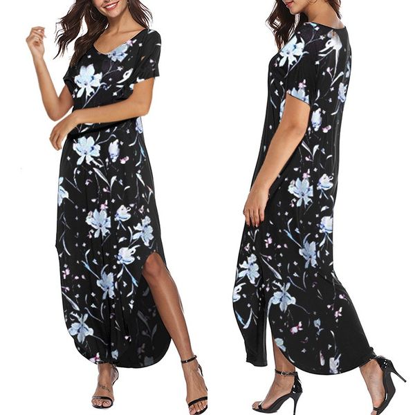 

plus size floral printed dress women's sundress 2019 zanzea summer short sleeve sarafans vestidos v neck side split maxi dress, Black;gray