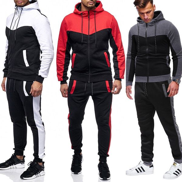 

new fashion mens tracksuits 2pcs hooded tops and long pants pantchwork two piece sets mae casual sportswear leisure outfit suits, Gray