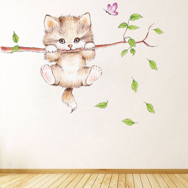 Cartoon Cute Lovely Cat Hang On Tree Wall Sticker Baby Kids Bedroom Home Decorative Wall Stickers Decal Wall Decals Wall Decals And Murals From