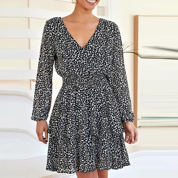 

vintage boho dress women casual polka dot print long sleeve dresses v-neck ruffles elegant mini aline evening party dress, Black;gray