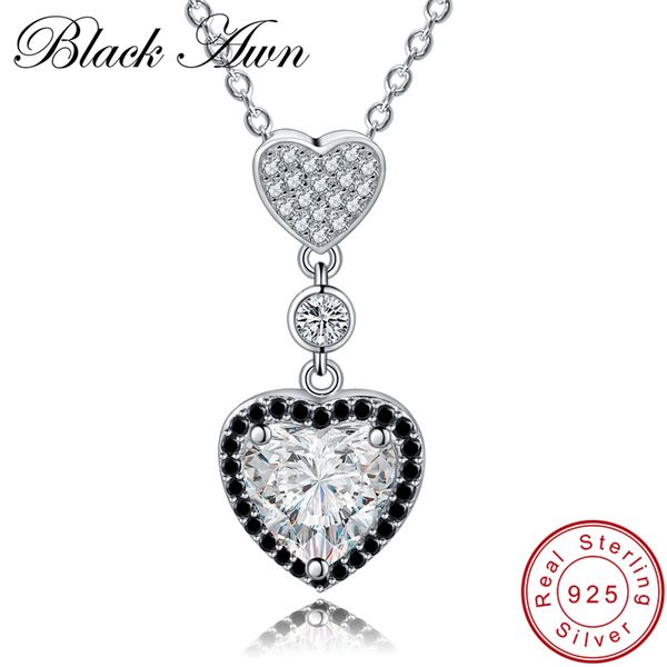 

black awn] real 925 sterling silver necklace heart women's black spinel necklaces pendants gift for girl p156