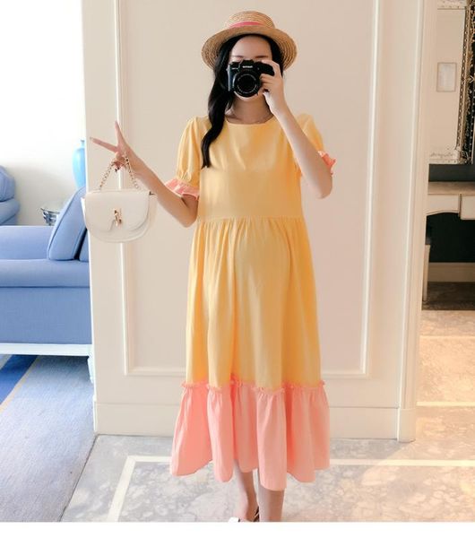 

summer fashion maternity dress round neck new tide mom version loose long section fashion color matching maternity dress, White