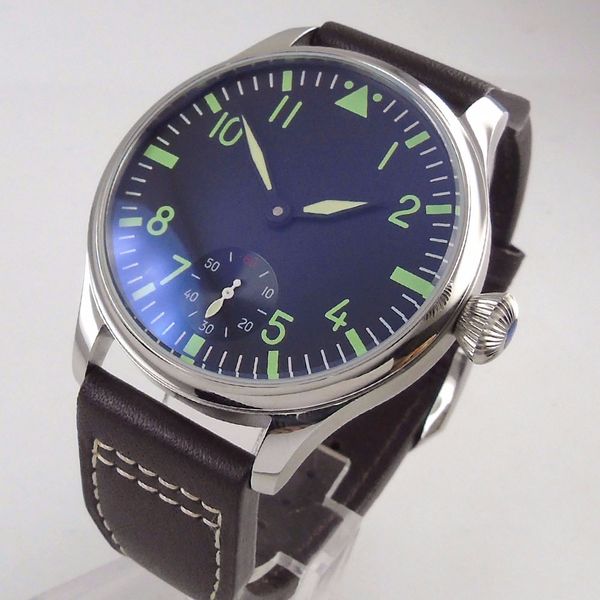 

fashion 44mm black dial 17 jewels 6498 hand-winding movement men's watch luminous marks leather strap relogio p1, Slivery;brown